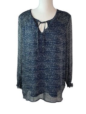 Womens Navy Tie-Neck Long Sleeve Printed Blouse XL